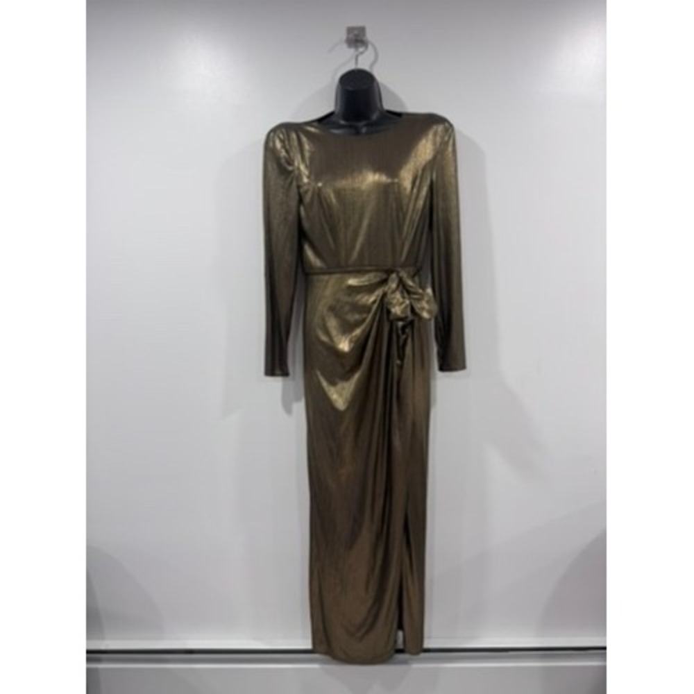 Mac Duggal Metallic Gold Plisse Long Sleeve Gown Maxi Dress Women Size 6